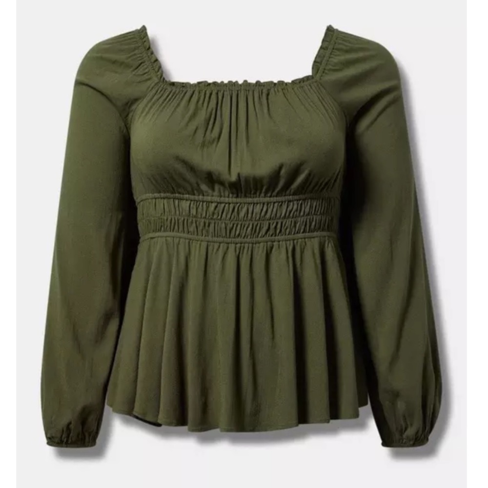 NWT torrid size 4 Rayon Slub Waist Detail Blouson Sleeve Top deep depths green